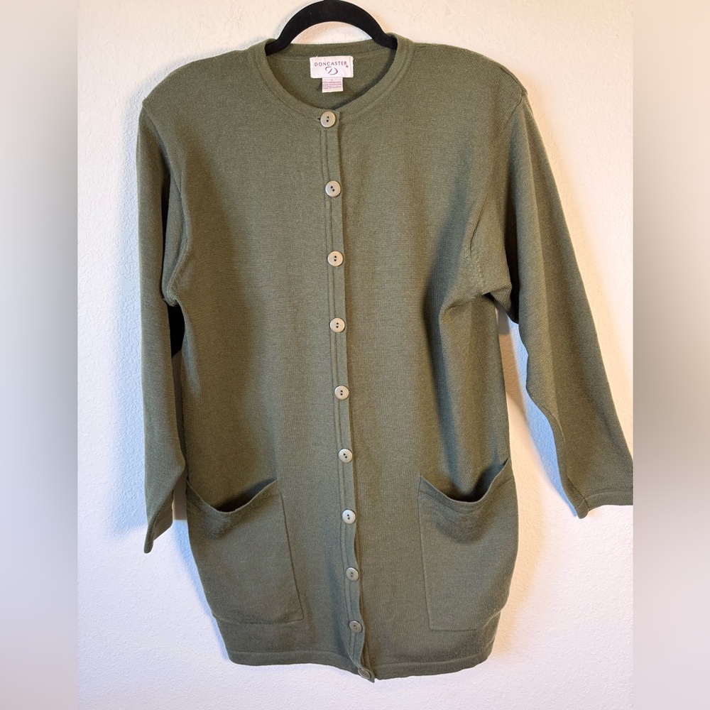 Vintage Doncaster 100% Merino Wool Long Cardigan Olive Green Size Large